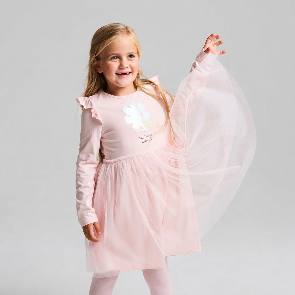 Sinsay Girl's Light Pink Sweet Ruffled Shoulder Long Sleeves Dress