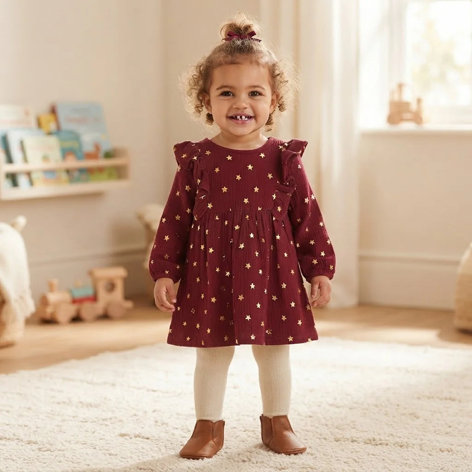 Sinsay Girl's Burgundy All-Over Gold Star Print Ruffled Shoulder Dress