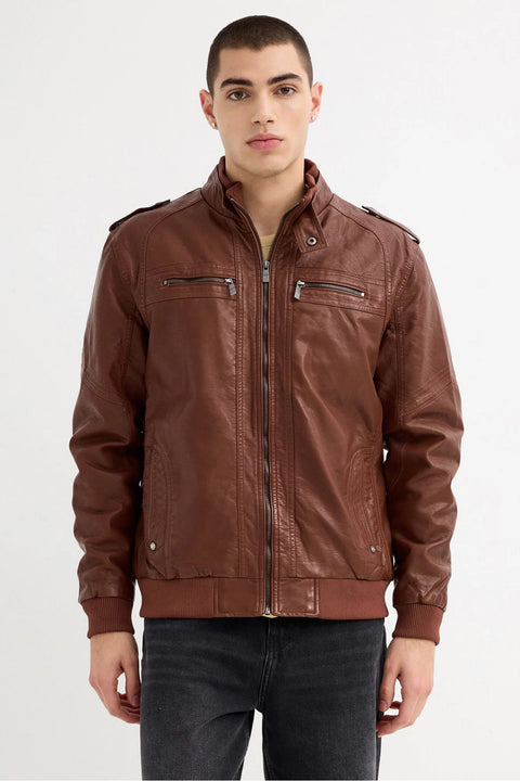 Man wearing a brown leather jacket on a white background
