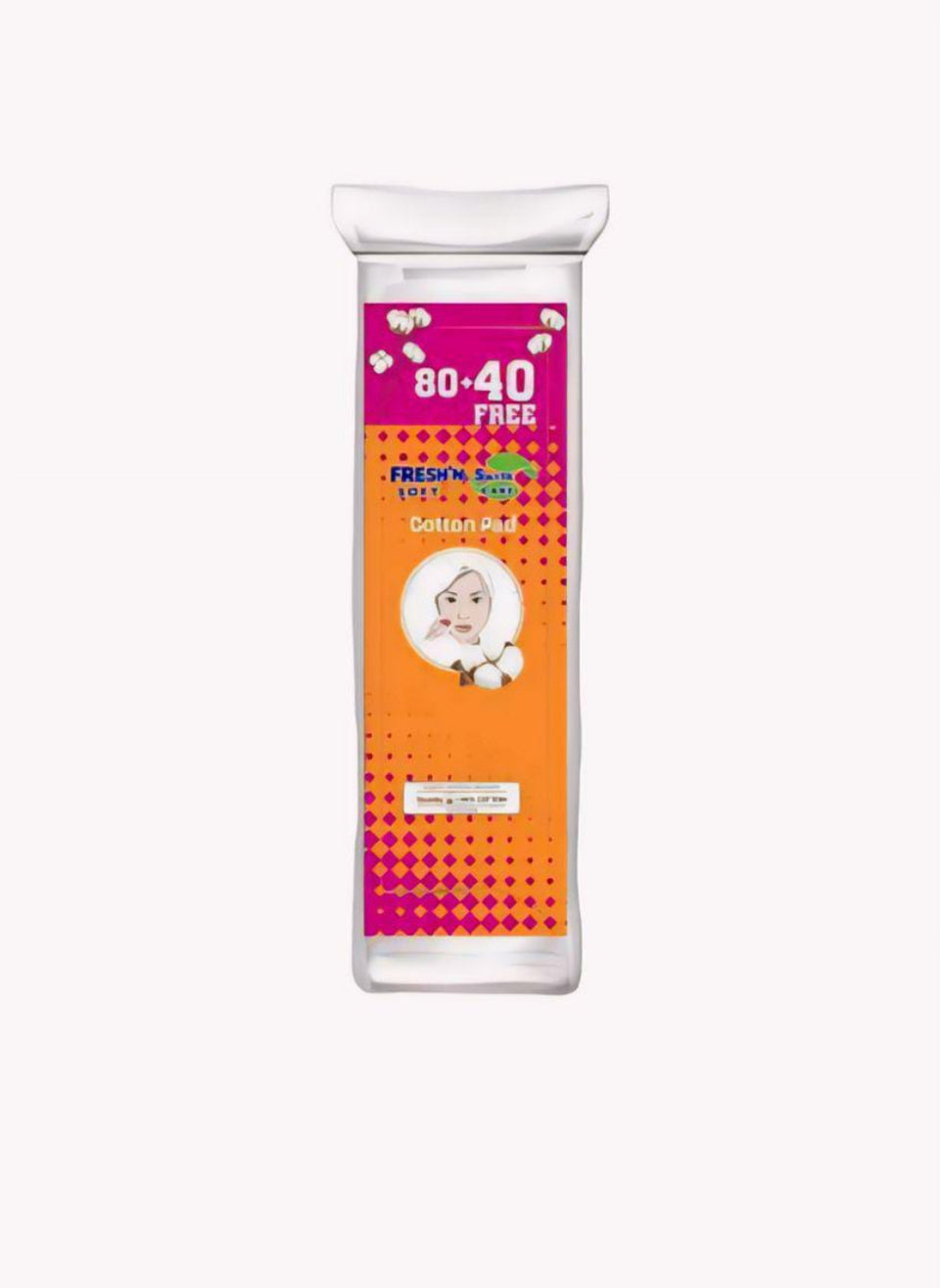 A tube of Fresh'N Soft Cotton Puds with packaging indicating 80+40 free, predominantly white and orange.