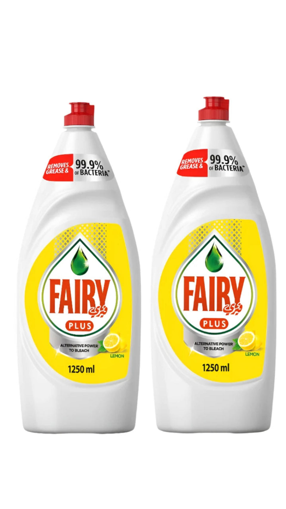 Two bottles of Fairy dishwashing liquid with lemon scent, each containing 1.25 liters.