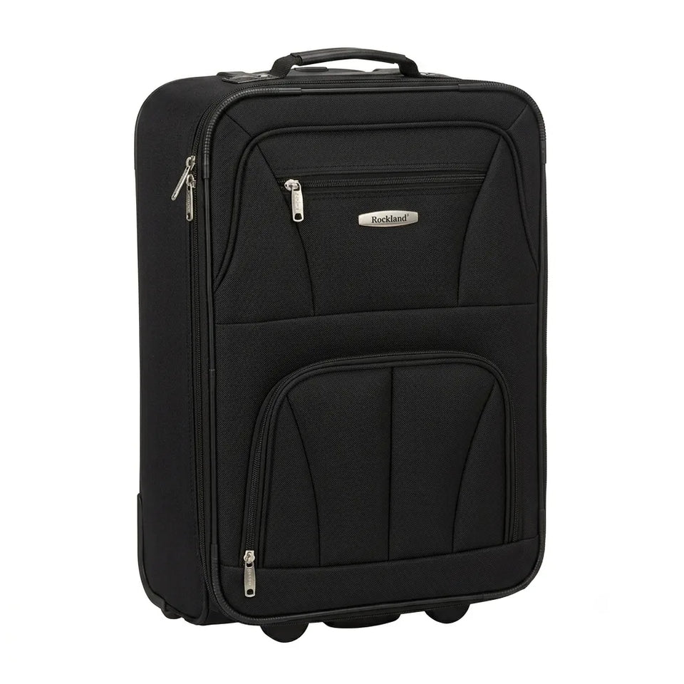 A black soft-sided rolling suitcase with a top handle, spinner wheels, and multiple zippered compartments, including a front pocket with a small silver Rocknroll brand badge.