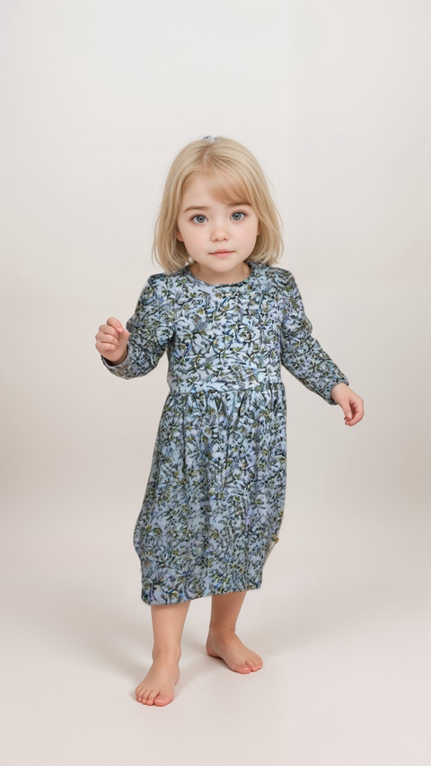 POMPdeLUX Girl's Printed Blue Organic Cotton Long-Sleeve Dress | POMPdeLUX In Lebanon