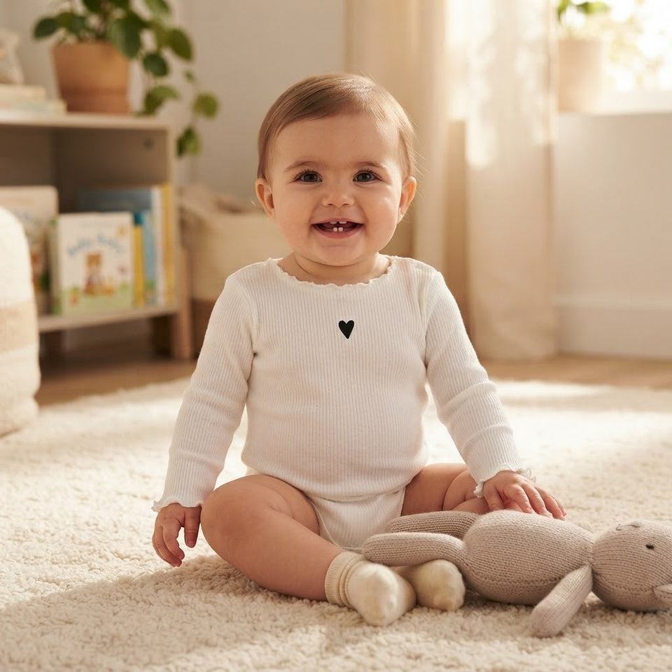 Sinsay Baby Girl's White Ribbed Small Herat Chest Print Long-Sleeves Bodysuit