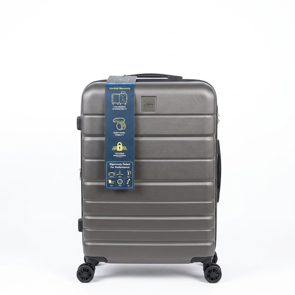 A gray hard-shell spinner suitcase with a blue and white product information tag attached to the side, shown against a plain white background.