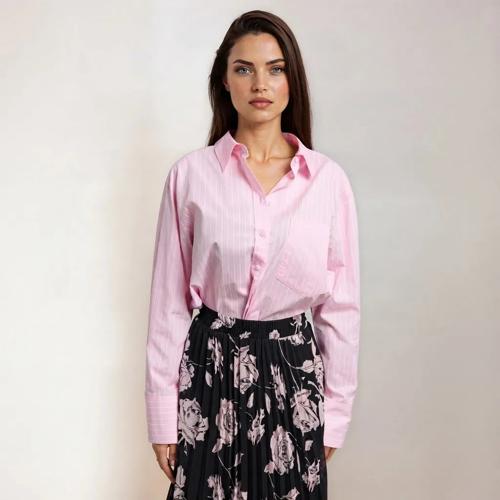 Sinsay Women's Light Pink Pinstripes Button-Up Shirt