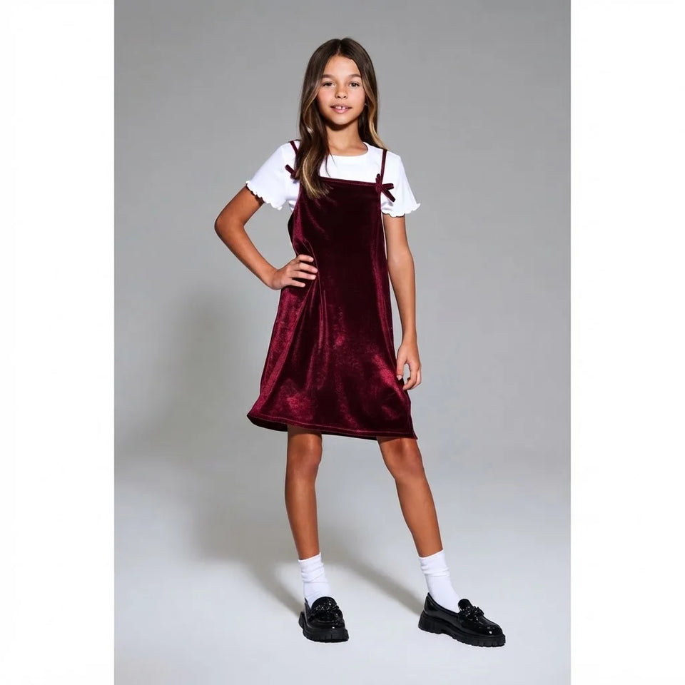 Sinsay Girl's Burgundy Velvet Pinafore Dress With White T-Shirt Set