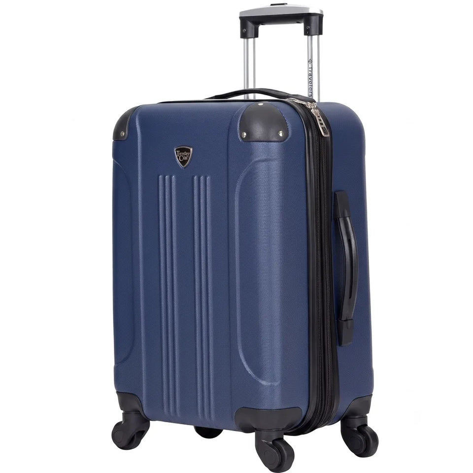 A navy blue hard-shell spinner suitcase with black trim, a telescoping handle, and four wheels, shown on a plain white background.