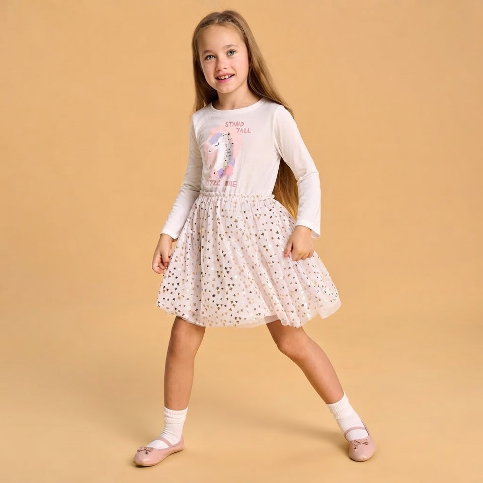 Sinsay Girl's White Pastel Unicorn Graphic Long-Sleeves Dress