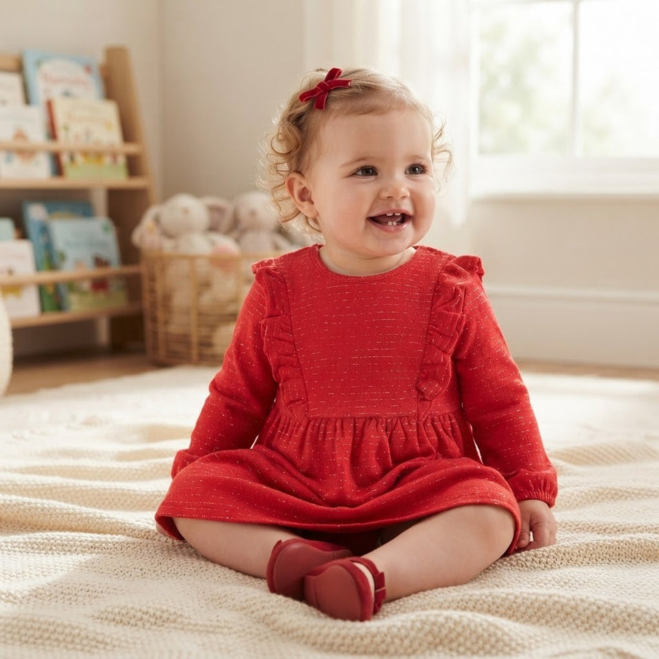 Sinsay Baby Girl's Bright Red Charming Ruffle Details Long-Sleeves Dress