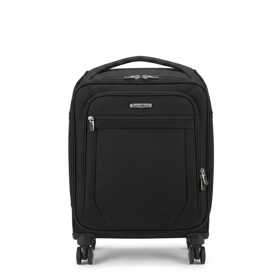 A black Samsonite upright spinner suitcase with a top handle, front zippered pocket, and four wheels, shown on a plain white background.