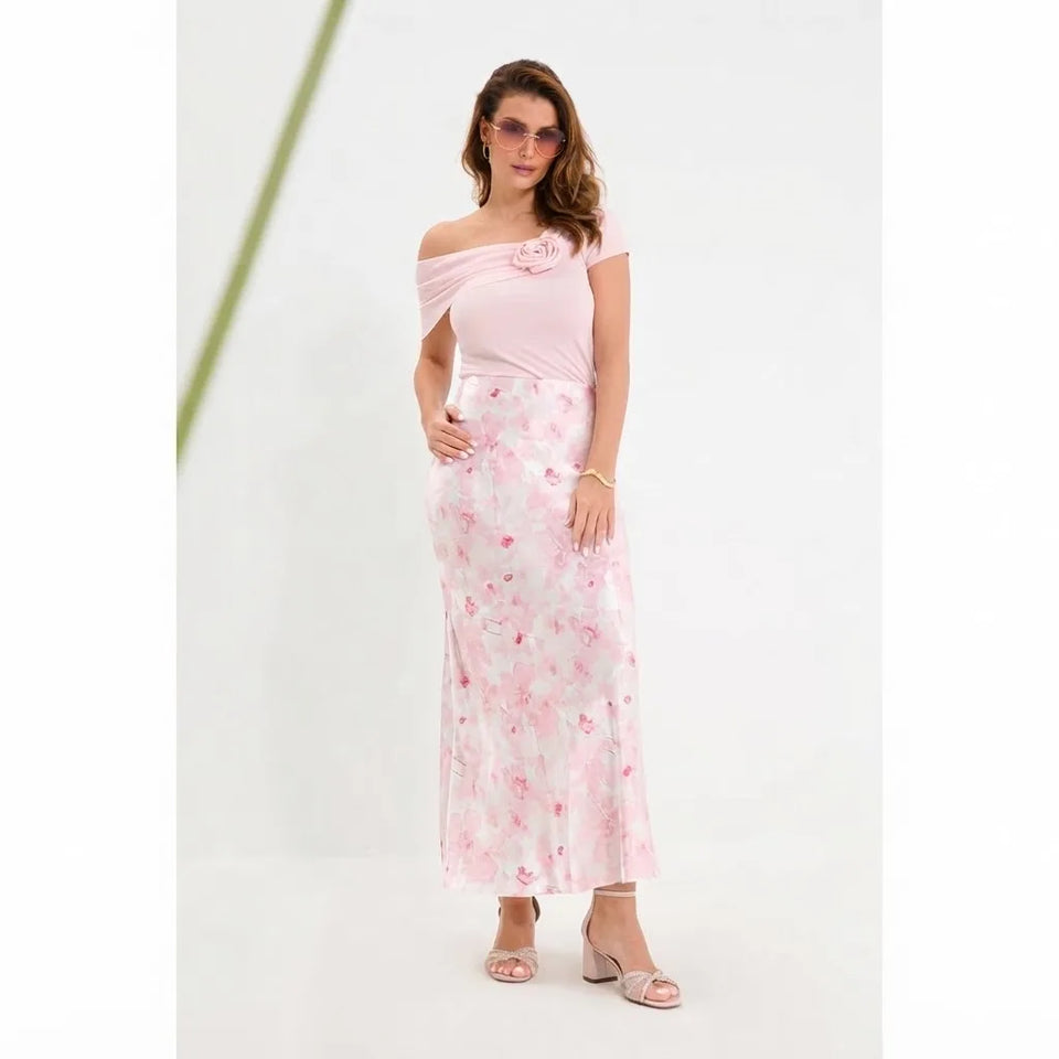 Sinsay Women's Pink & White Satin Delicate Floral Pattern Maxi Skirt