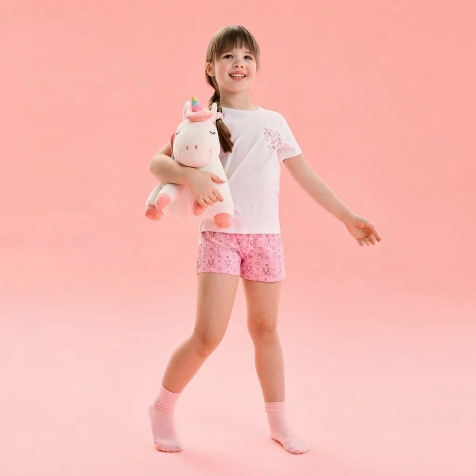 Sinsay Girl's White & Pink Chest Print With Matching Patterned Short Pajama Set