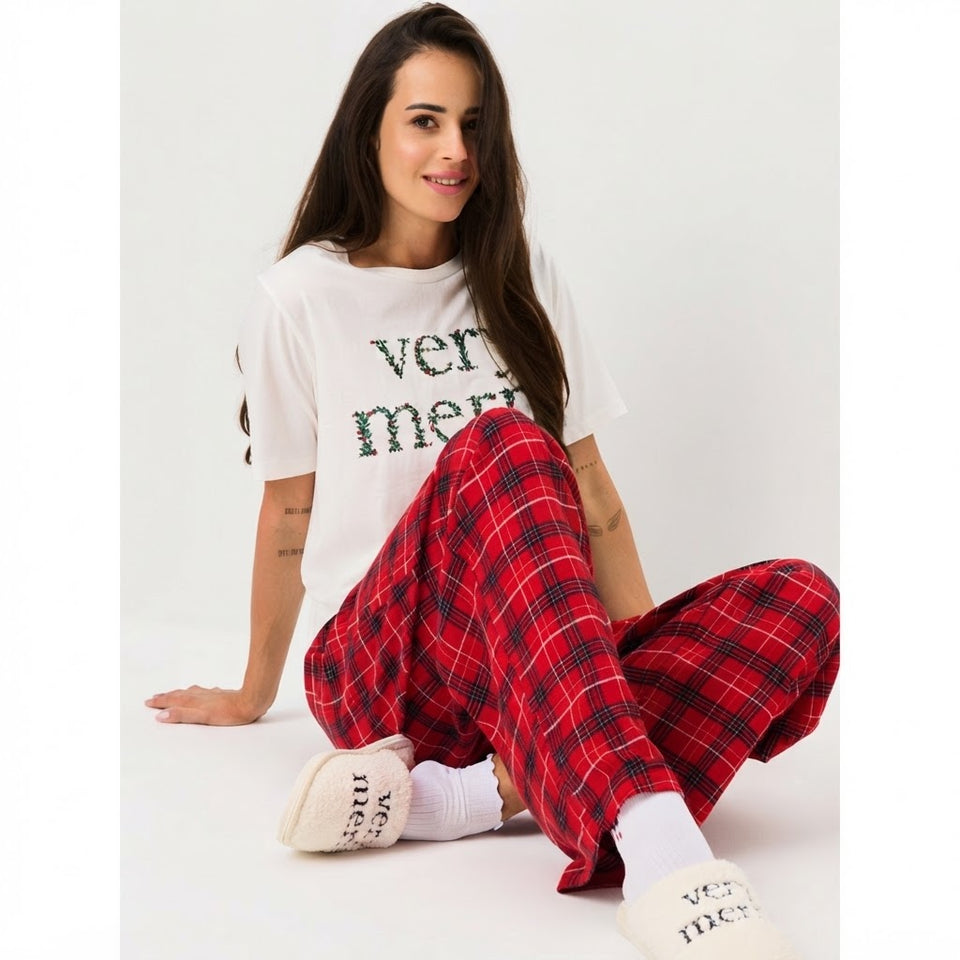 Sinsay Women's Red & White Plaid Flannel Pajama Set