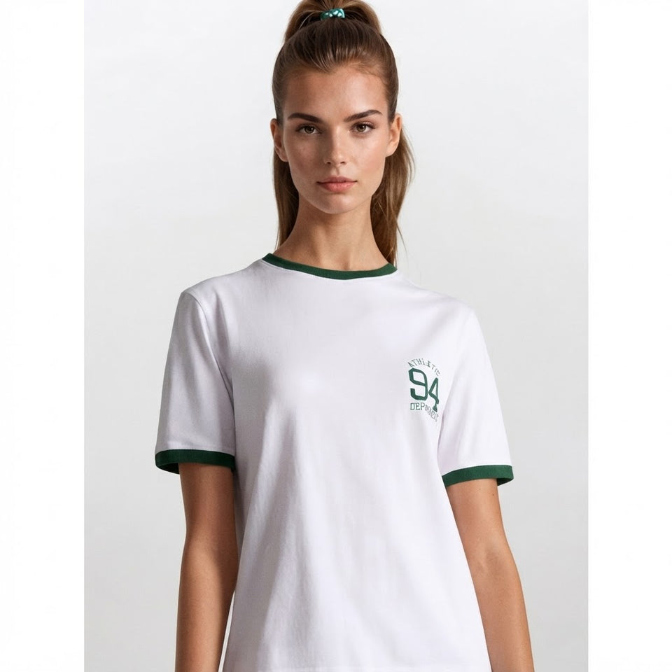 Sinsay Women's White & Green Chest & Back Printed T-Shirt