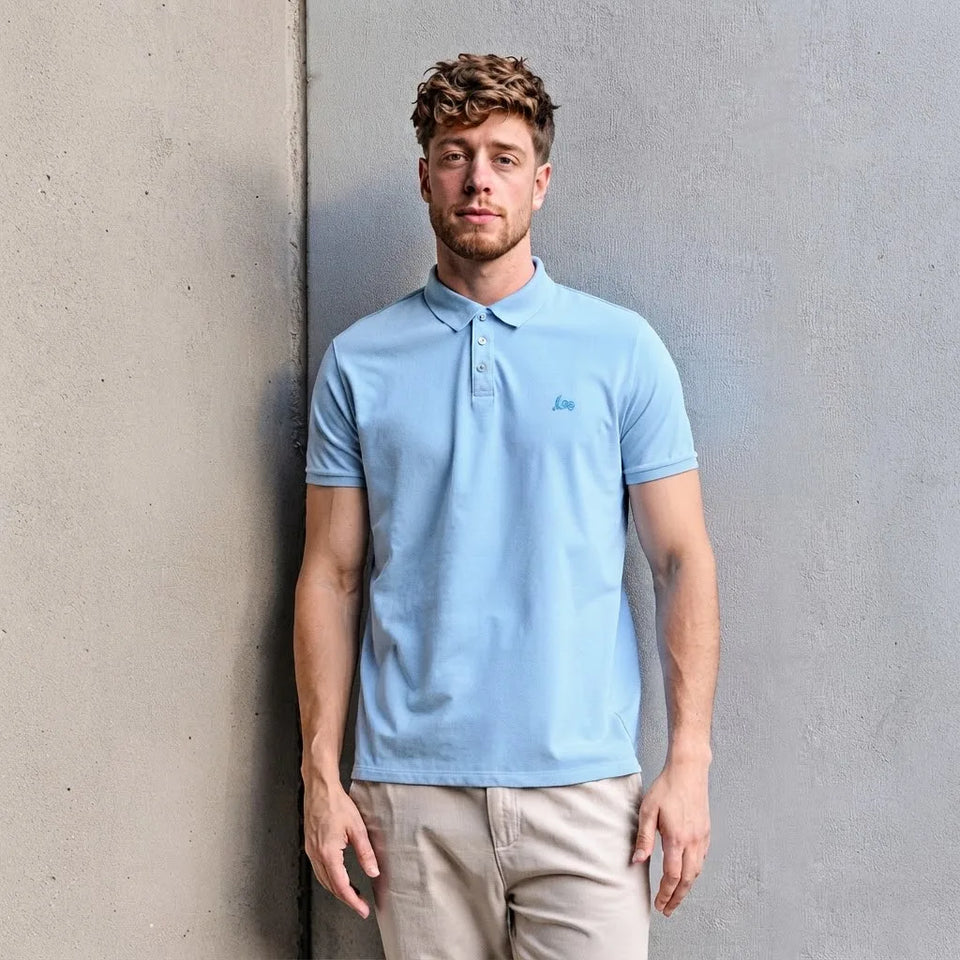 Sinsay Men's Light Blue Ribbed Collar Cotton Polo