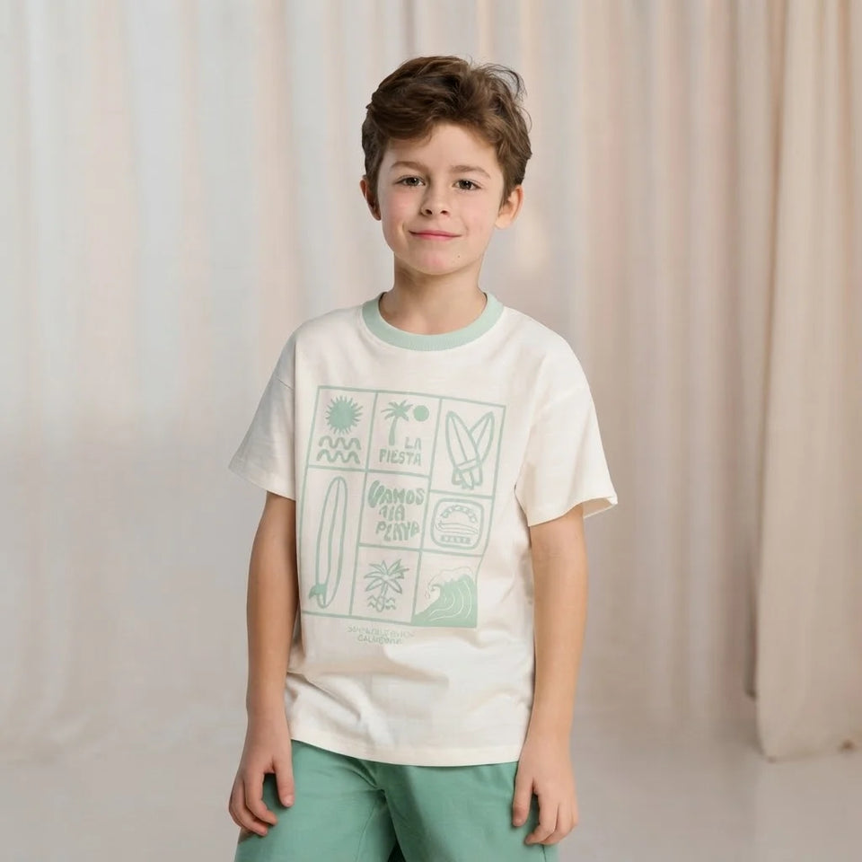 Sinsay Boy's Off White & Light Green Graphic Print T-Shirt