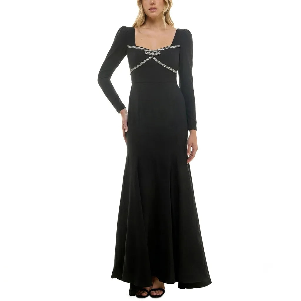 Taylor Women's Black Rhinestone-Trim Long-Sleeve Gown Dress