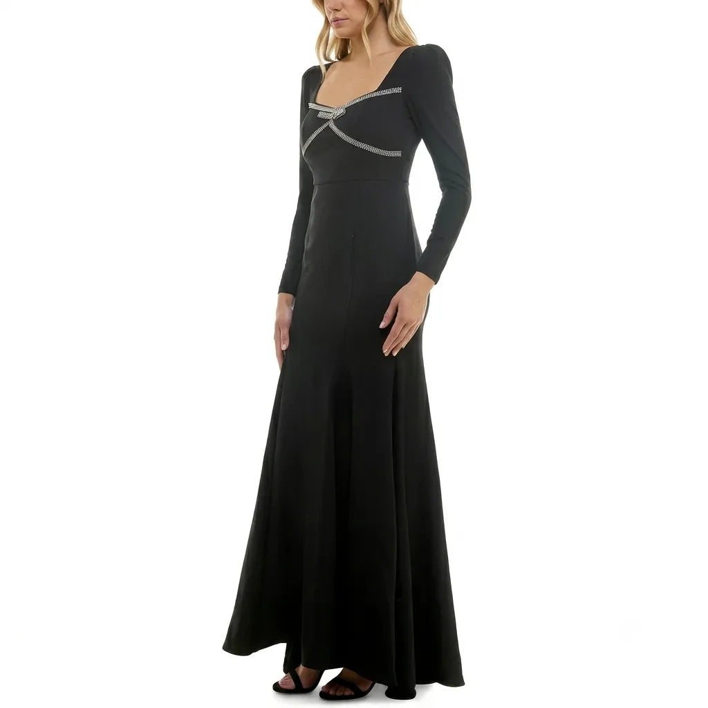 Taylor Women's Black Rhinestone-Trim Long-Sleeve Gown Dress
