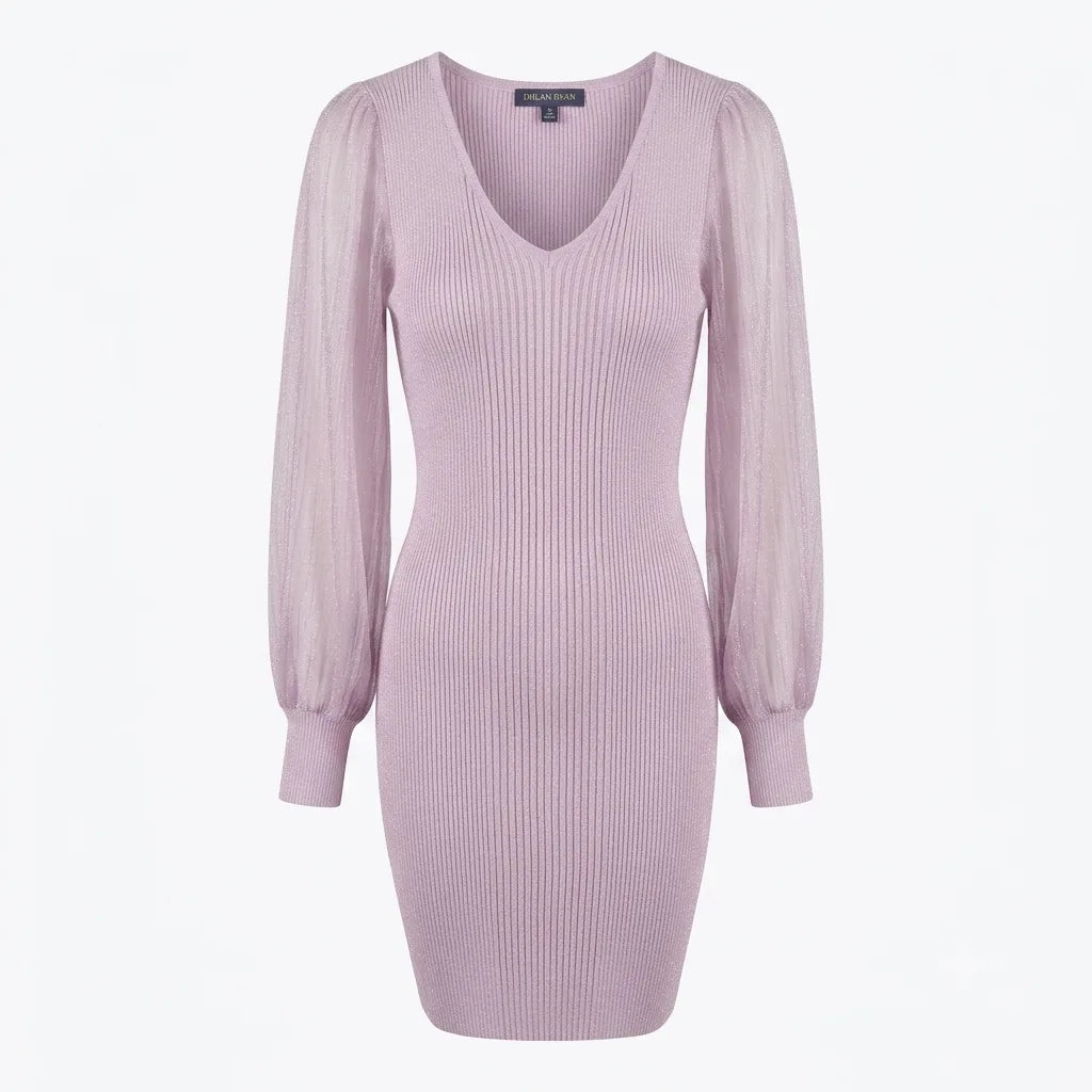 A light pink ribbed knit bodycon dress with long sheer balloon sleeves and a V-neckline, shown on a plain white background.