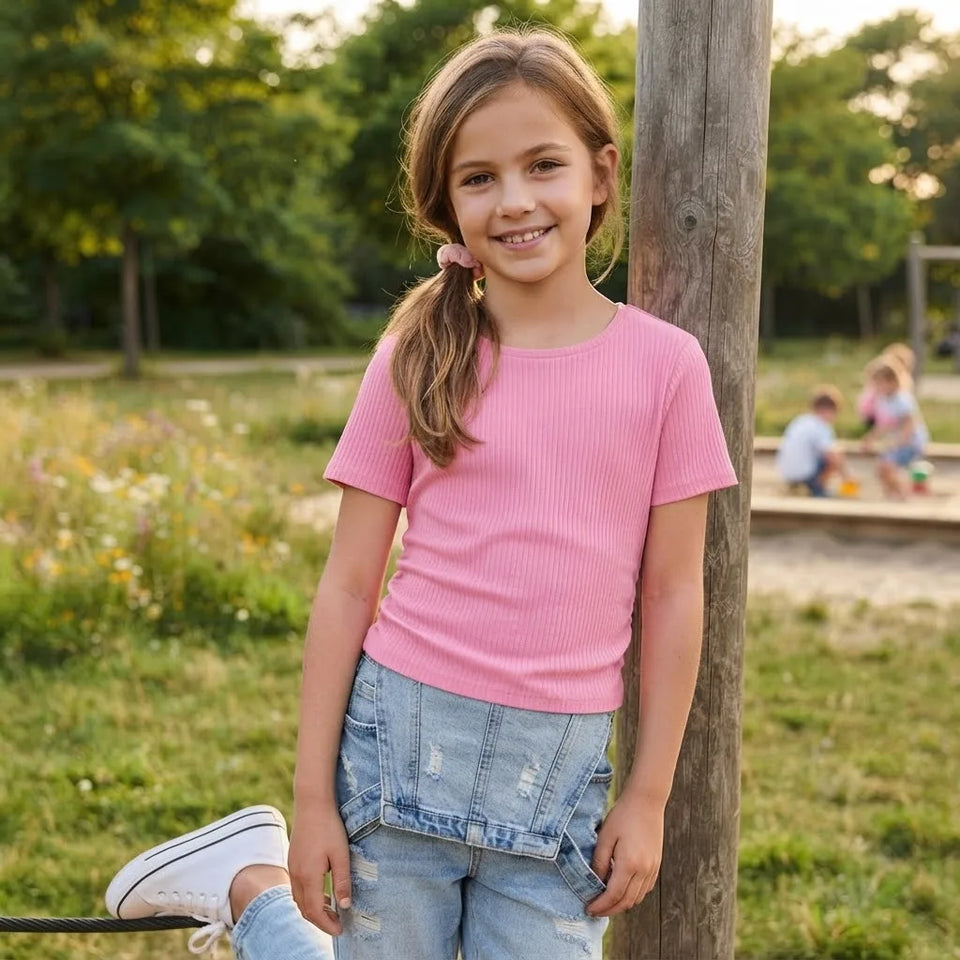 Sinsay Girl's Pastel Pink Rib Knit Plain T-Shirt