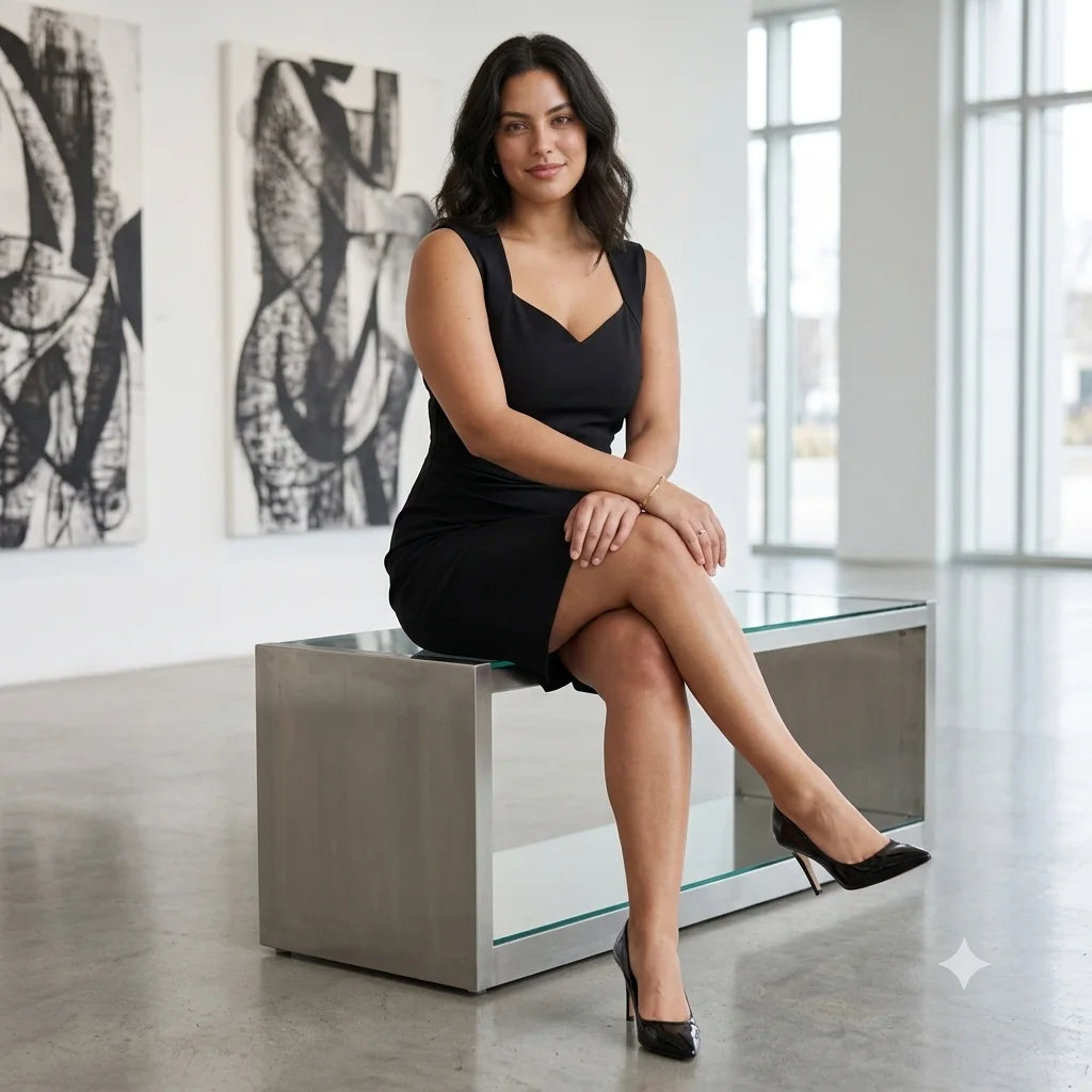 A woman in a black sleeveless dress and black heels sits on a modern metallic bench with a glass top in a bright, minimalist gallery space.