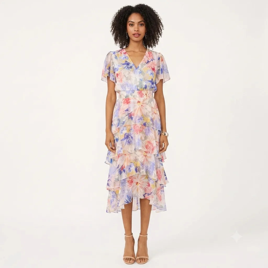 Vince Camuto Women's White Floral Flutter-Sleeve Tiered Midi Dress