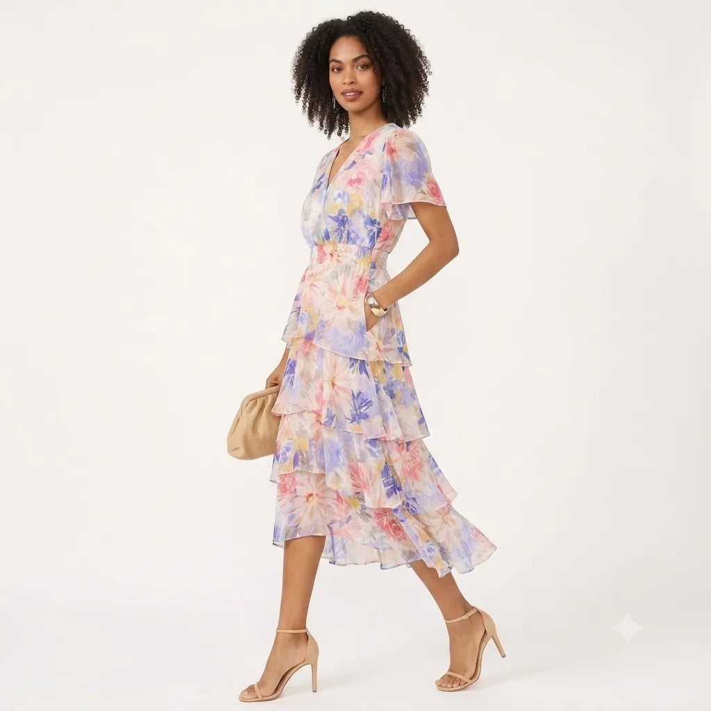 Vince Camuto Women's White Floral Flutter-Sleeve Tiered Midi Dress