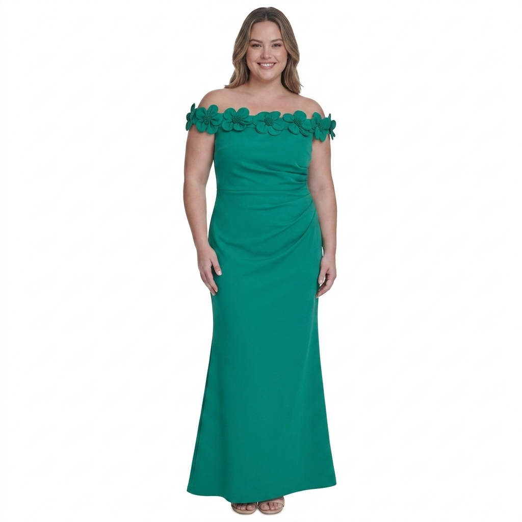 Eliza J Women's Green Plus Size 3D Floral Off-The-Shoulder Gown Dress