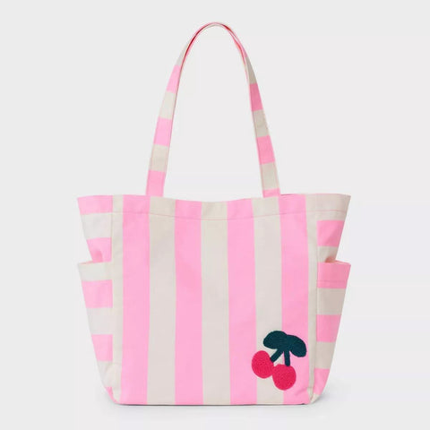 Pink and beige striped tote bag with cherry design on a white background