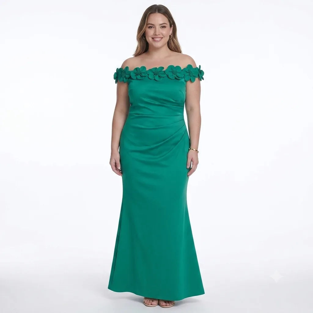 Eliza J Women's Green Plus Size 3D Floral Off-The-Shoulder Gown Dress
