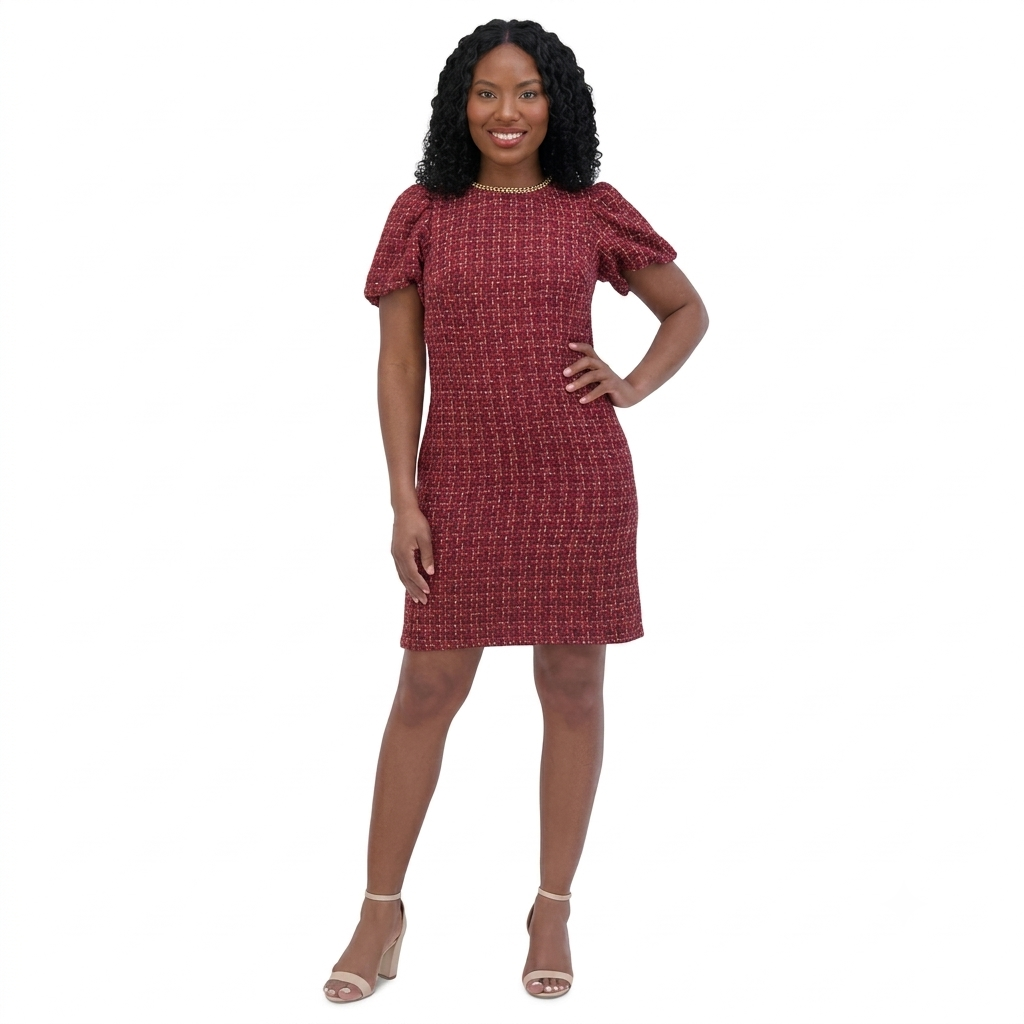 A woman modeling a short-sleeve textured tweed dress in a red and black micro-pattern, standing against a solid white background.