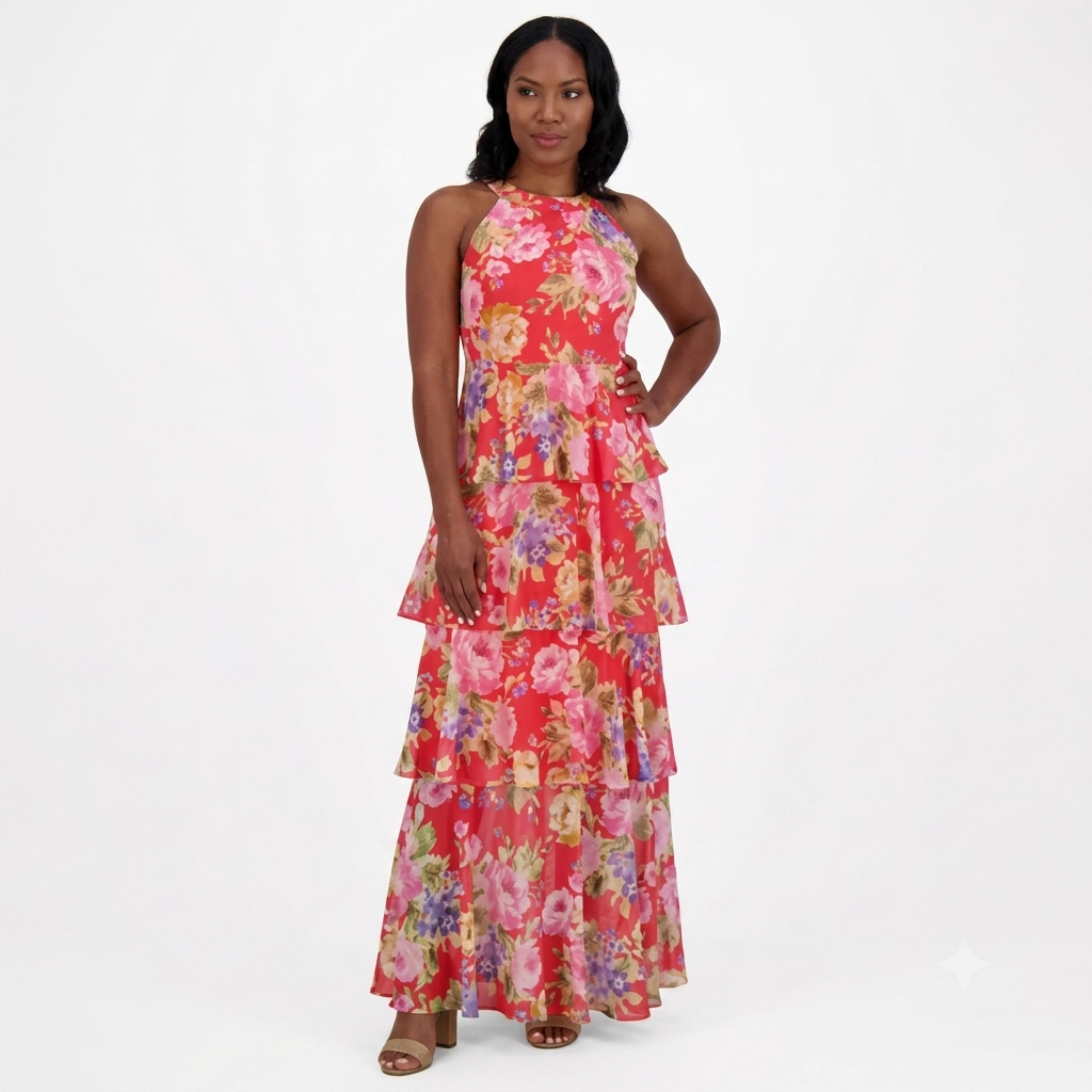 Jessica Howard Women's Pink Floral-Print Tiered Halter Gown Dress