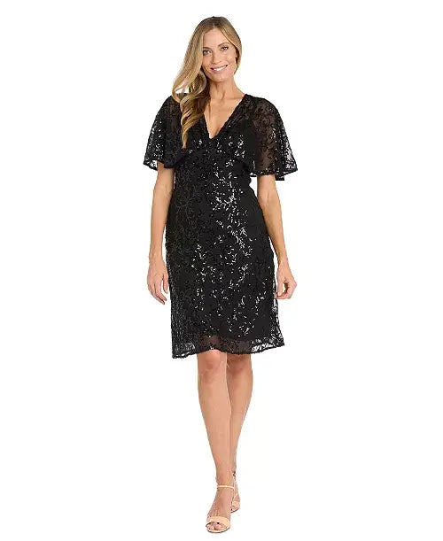 R & M Richards Women's Black Flutter-Sleeve Cocktail Dress