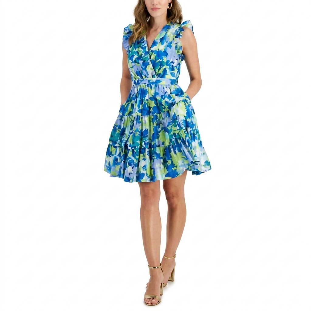 Taylor Women's Multicolor V-Neck Sleeveless Cotton A-Line Dress