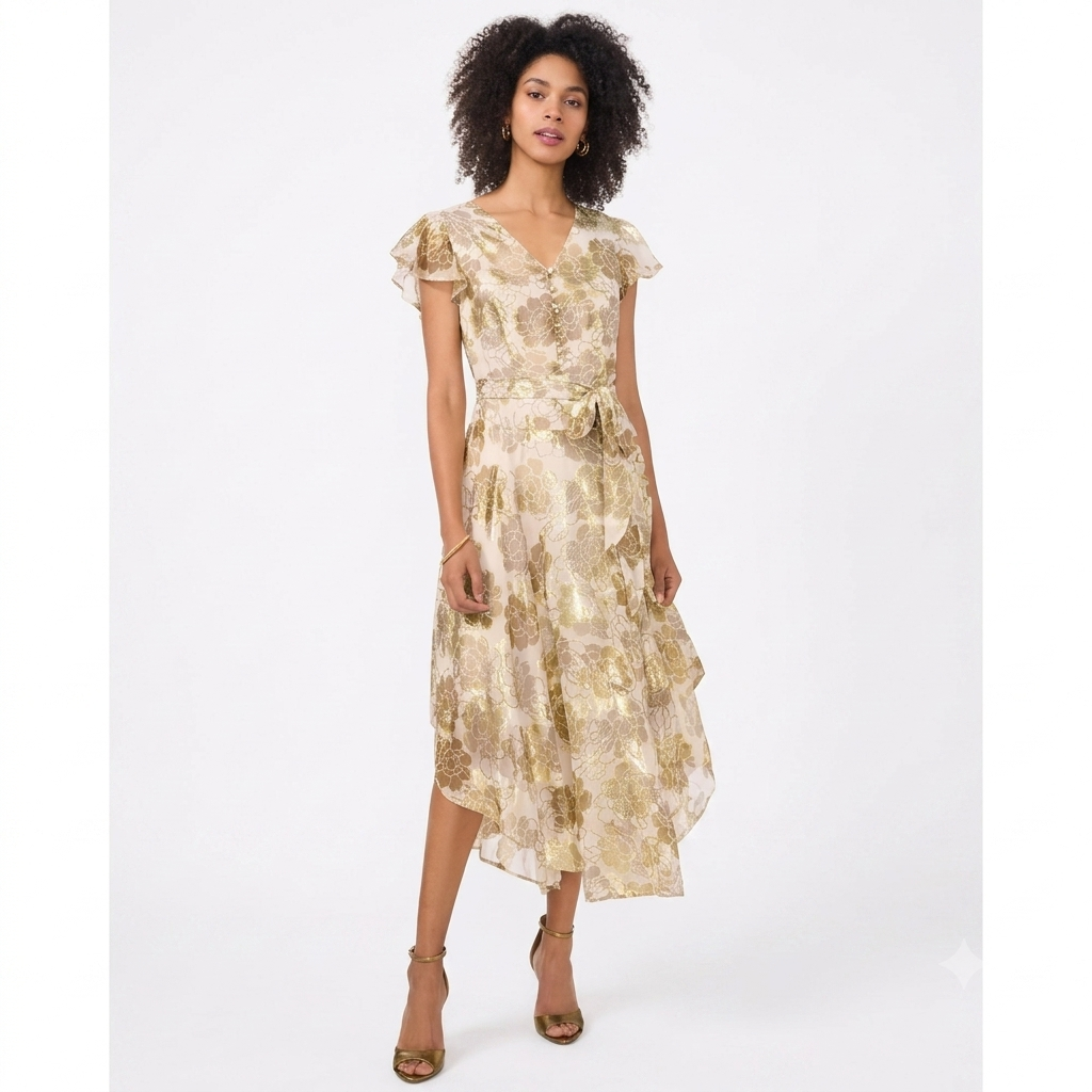 A woman modeling a champagne beige and gold floral midi dress with ruffled cap sleeves and a tie waist, paired with brown strappy heels, against a plain white studio background.