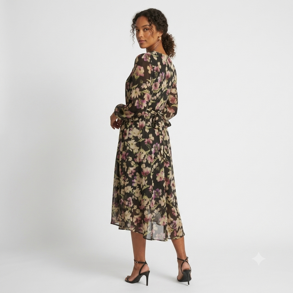 A woman modeling a long-sleeve midi dress with a dark floral print, shown from a three-quarters back angle against a light gray studio background.