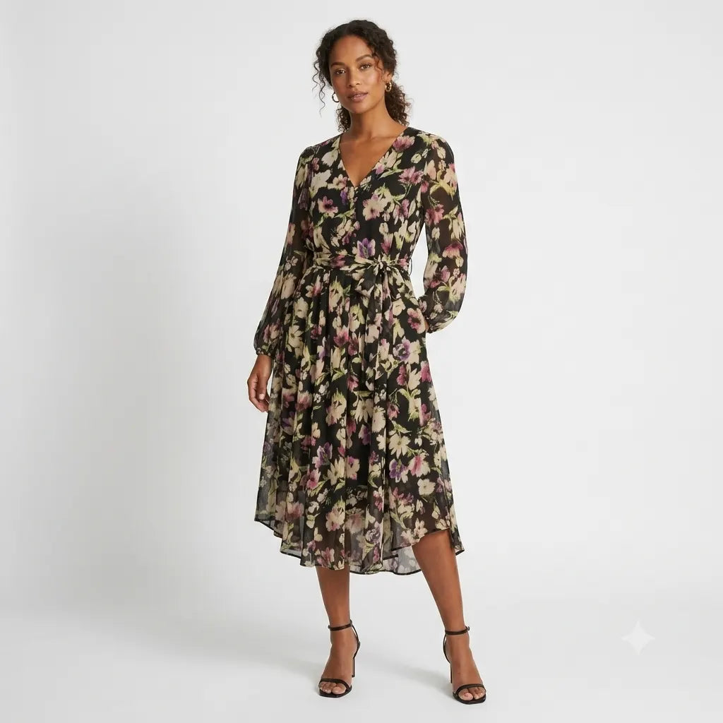 A woman modeling a long-sleeve midi dress with a dark floral print, featuring a V-neckline, tie waist, and flowing skirt, set against a plain light gray studio background.
