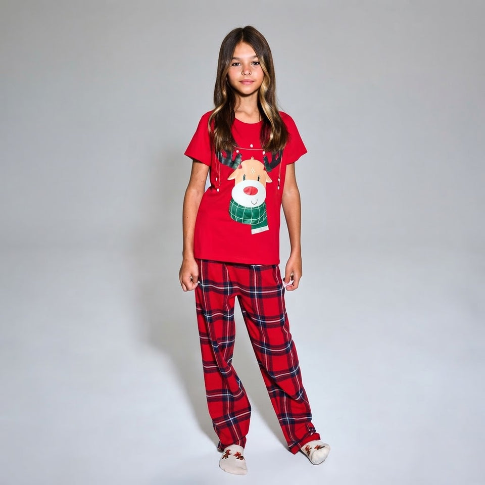 Sinsay Girl's Red Christmas Reindeer Print Short-Sleeves Pajama Set