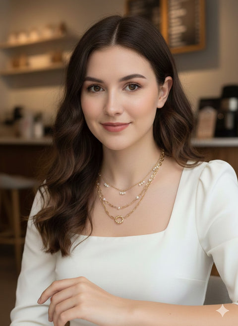 Woman wearing a necklace in a coffee shop setting