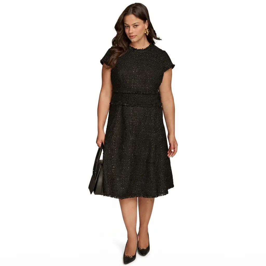 Donna Karan Women's Black Plus Size Fringe-Trim Textured Midi Dress