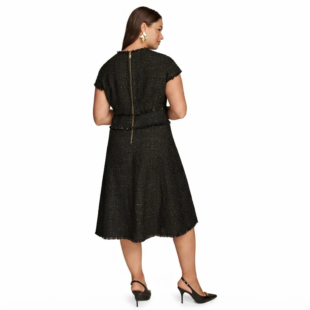 Donna Karan Women's Black Plus Size Fringe-Trim Textured Midi Dress