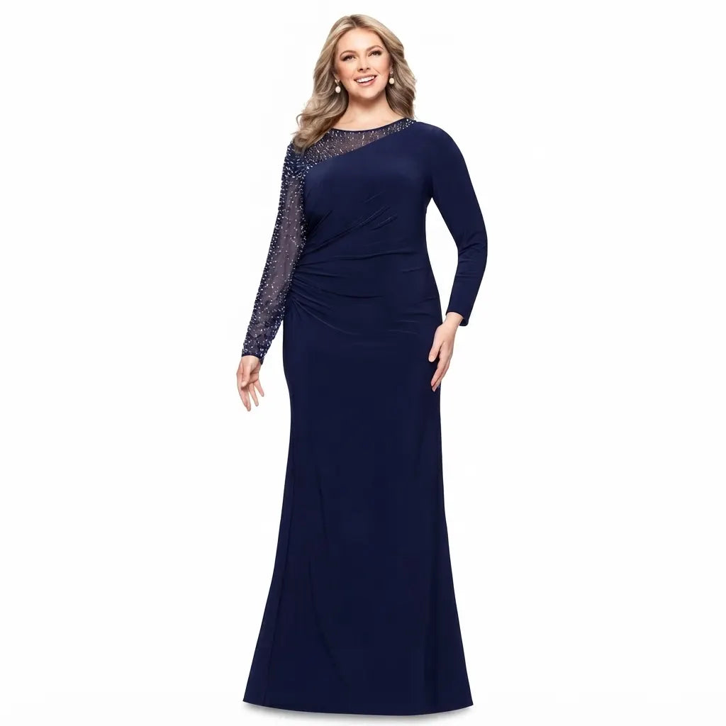 Betsy & Adam Women's Navy Plus Size Embellished One-Sleeve Ruched Dress