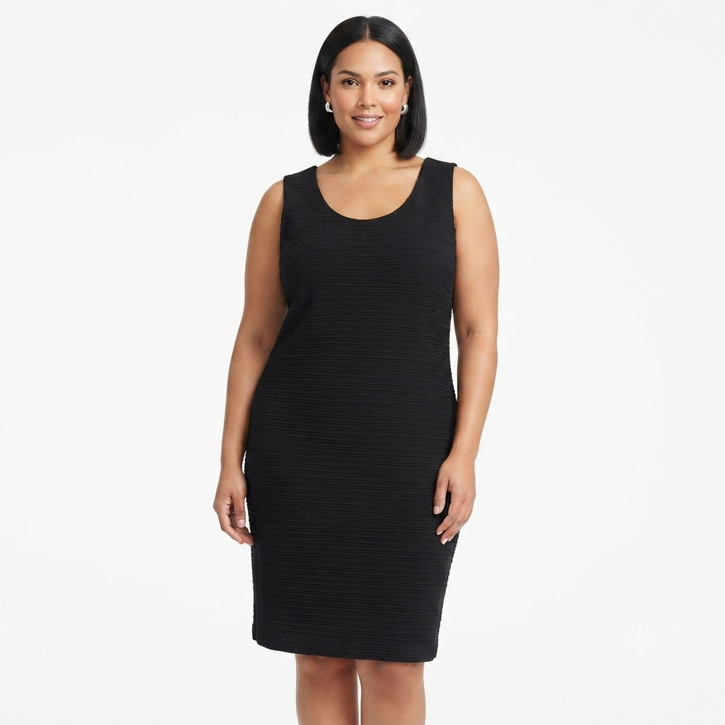 A woman modeling a sleeveless black ribbed knit dress against a plain white studio background.