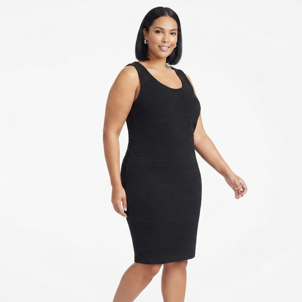 A woman modeling a sleeveless black ribbed knit bodycon dress against a plain white studio background.