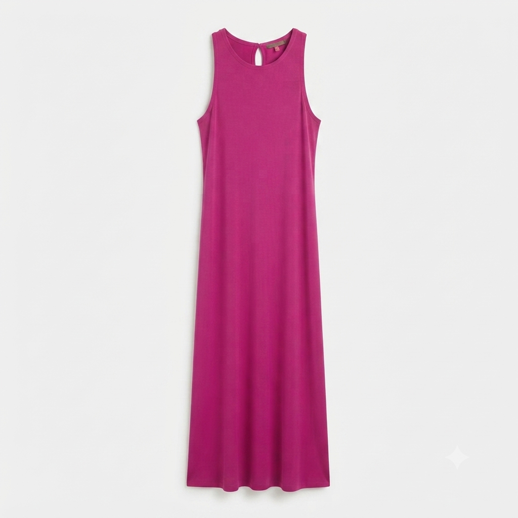 A sleeveless, scoop-neck maxi dress in a vibrant magenta pink, shown flat against a light gray background.