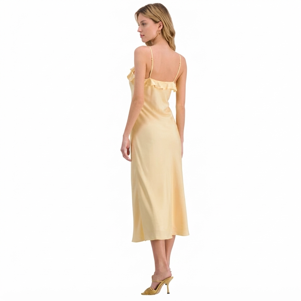 A woman modeling a pale yellow satin midi slip dress with thin spaghetti straps and a ruffled back, shown from a rear three-quarter view against a plain white background.