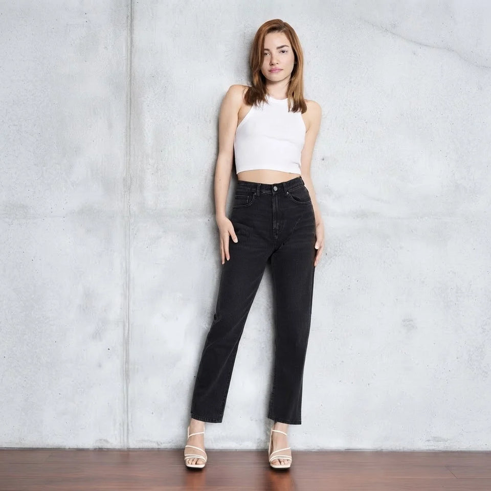 Sinsay Women's Washed Black High Waist Mom Jeans