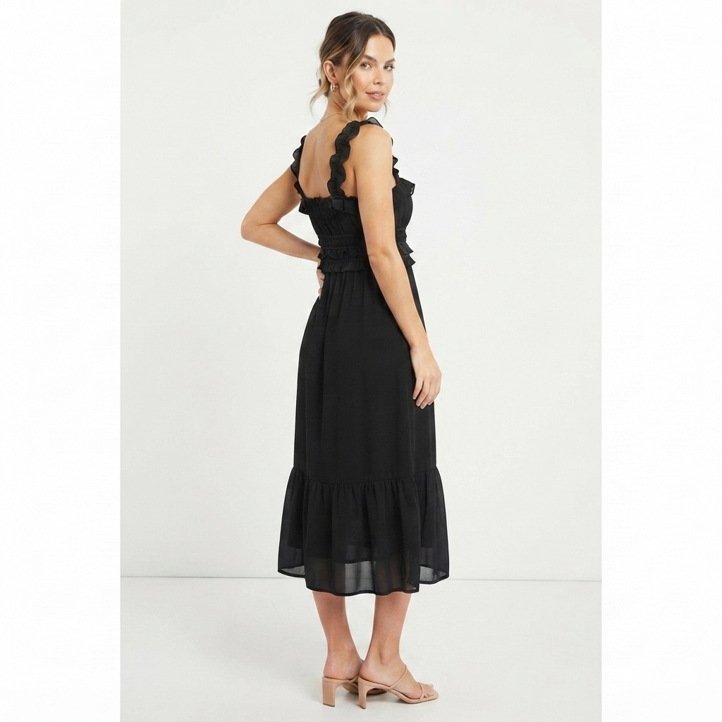 A woman modeling a black midi dress with ruffled shoulder straps, a smocked bodice, and a tiered skirt, shown from the back against a plain light gray studio background.