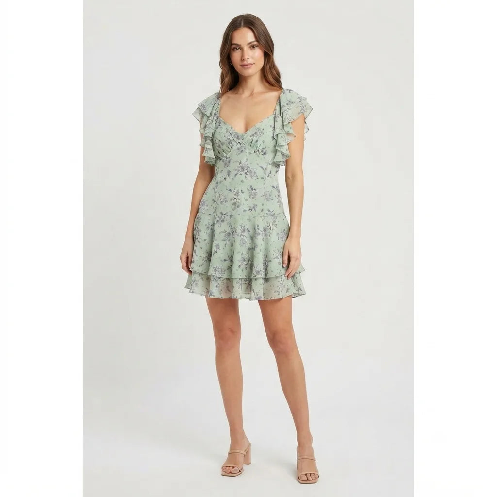 City Studio Women's Mint Green Floral Ruffle Sleeve Mini Dress